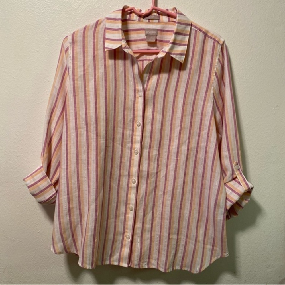 Chico’s Shirt Women’s Size 1 Button Up Long Sleeve‎ Stripes Top Collared
